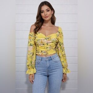 Privy Yellow Floral Off Shoulder Ruched Crop Top Long Sleeve Boho Size M
